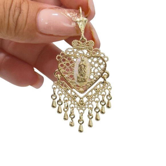NEW Gold Filled Gold Filigree Heart Dangle Earrings With Virgin Mary Design - Picture 3 of 6